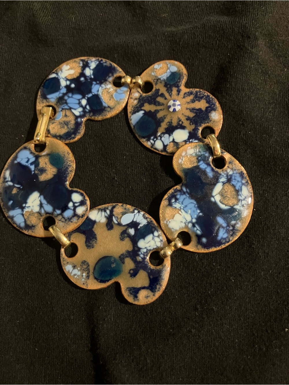 Estate Blue and Gold Abstract Enameled Link Copper Bracelet